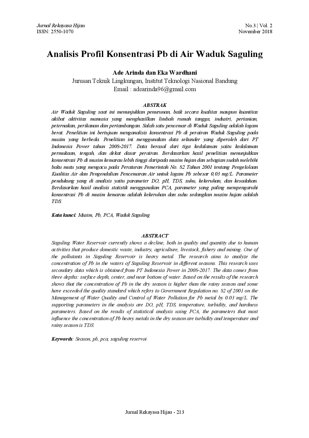 juris Analisis Profil Konsentrasi Pb di Air Waduk Saguling
