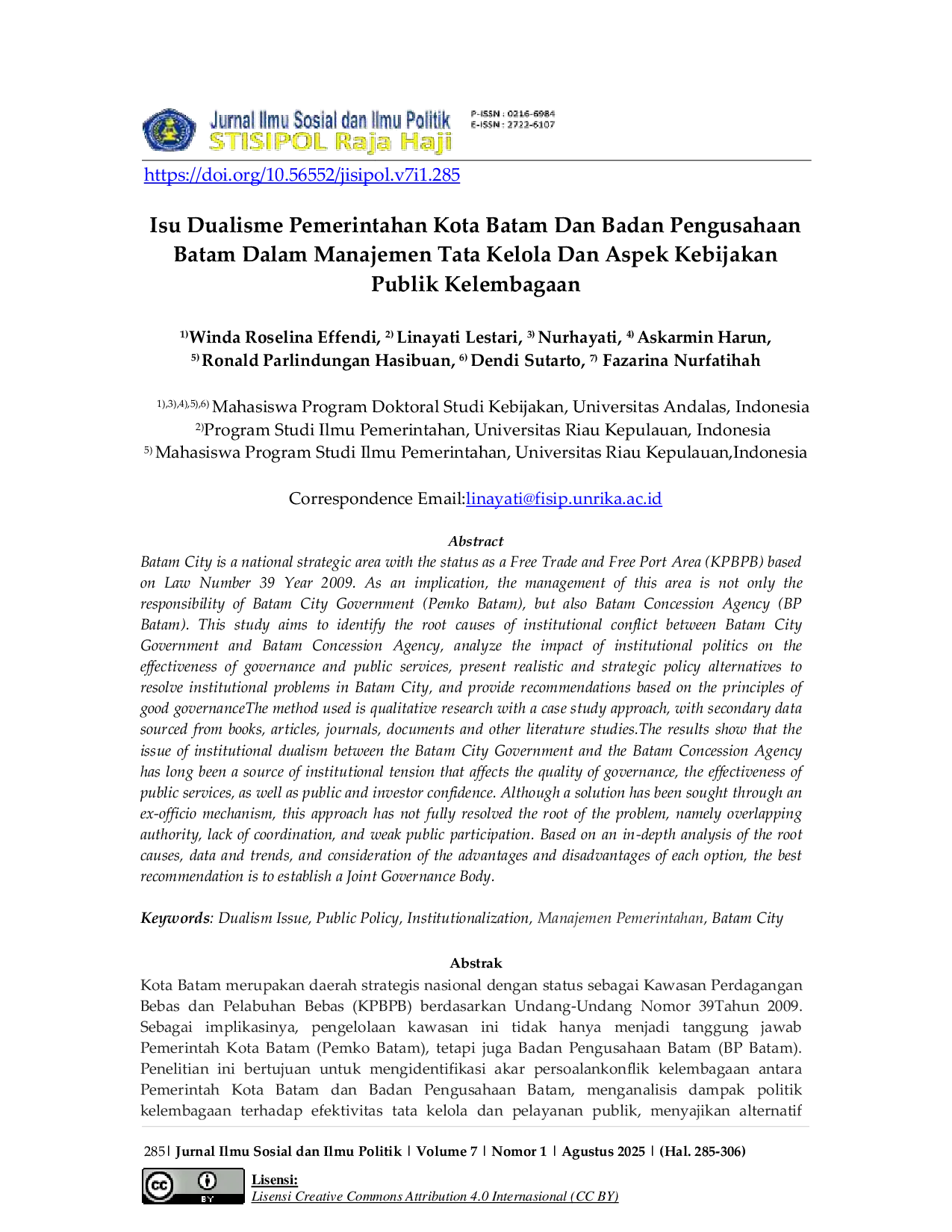 JURIS Isu Dualisme Pemerintahan Kota Batam Dan Badan Pengusahaan Batam Dalam Manajemen Tata Kelola Dan Aspek Kebijakan Publik Kelembagaan