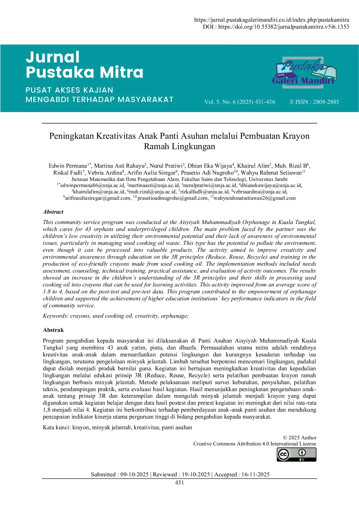 JURIS Peningkatan Kreativitas Anak Panti Asuhan melalui Pembuatan Krayon Ramah Lingkungan