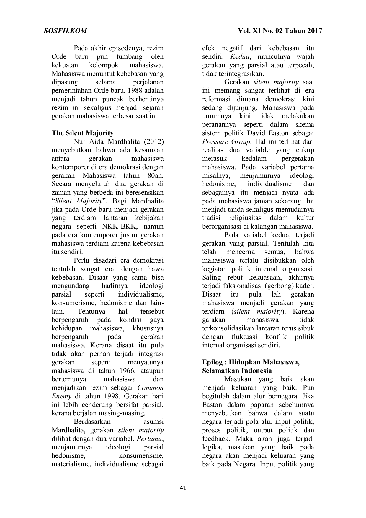 JURIS Mahasiswa Sebagai Pressure Group Fenomena Silent Majority Di Era Reformasi