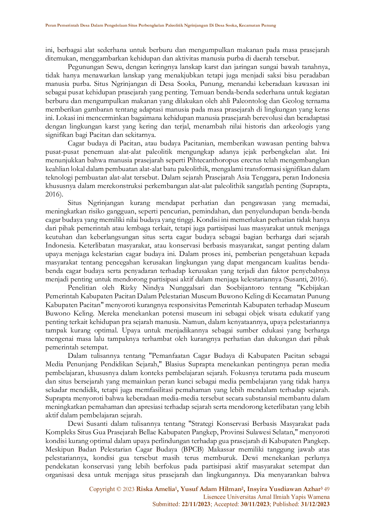 JURIS Peran Pemerintah Desa Dalam Pengelolaan Situs Perbengkelan Paleolitik Ngrinjangan di Desa Sooka Kecamatan Punung