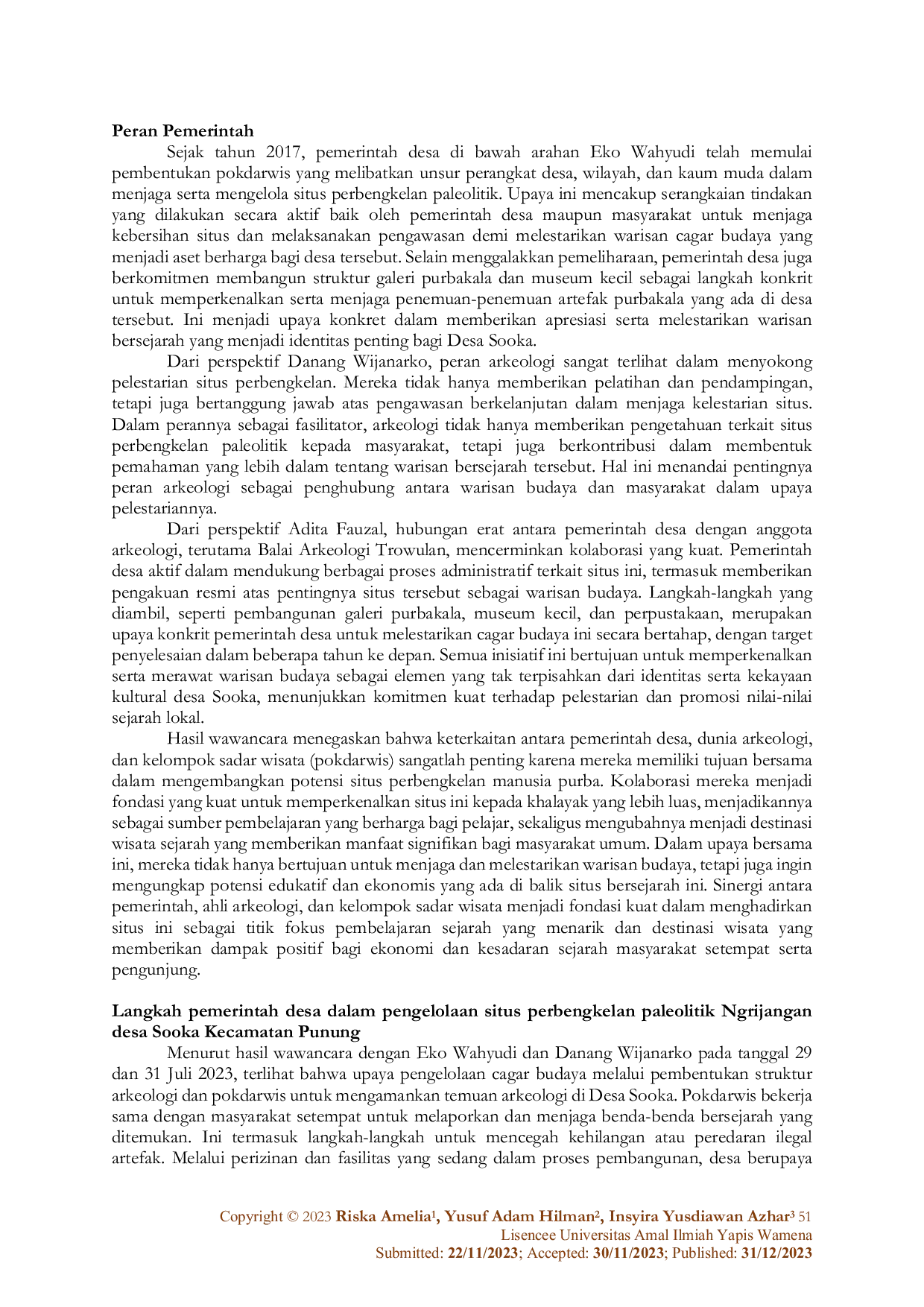 JURIS Peran Pemerintah Desa Dalam Pengelolaan Situs Perbengkelan Paleolitik Ngrinjangan di Desa Sooka Kecamatan Punung