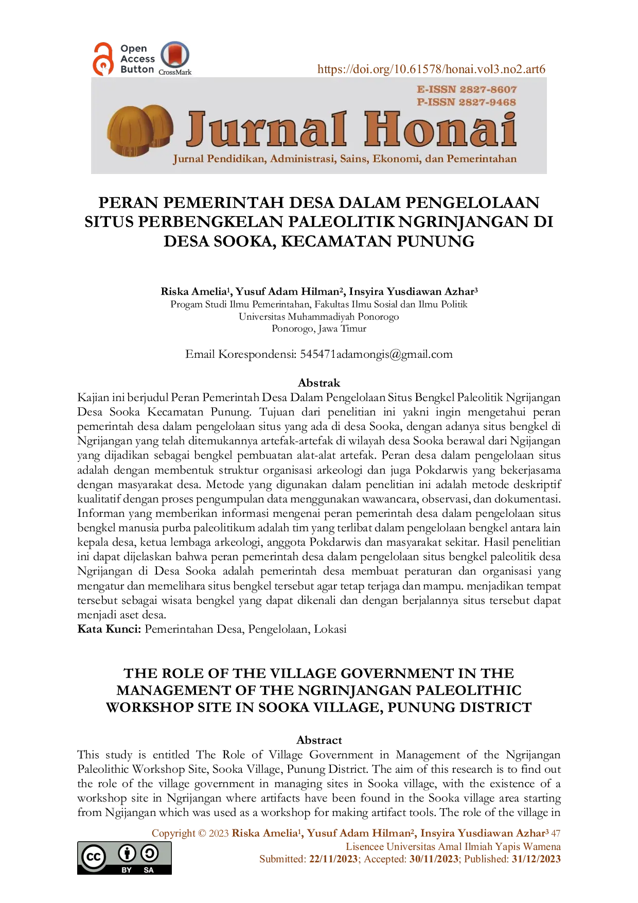 JURIS Peran Pemerintah Desa Dalam Pengelolaan Situs Perbengkelan Paleolitik Ngrinjangan di Desa Sooka Kecamatan Punung