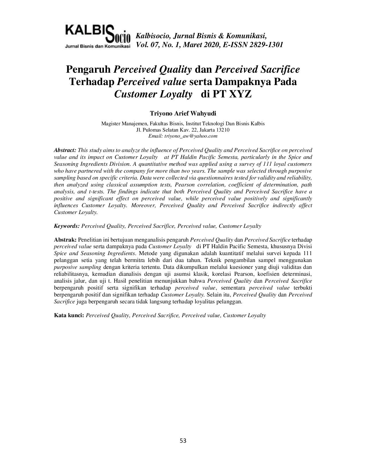JURIS Pengaruh Perceived Quality dan Perceived Sacrifice Terhadap Perceived Value serta Dampaknya Pada Customer Loyalty di PT XYZ