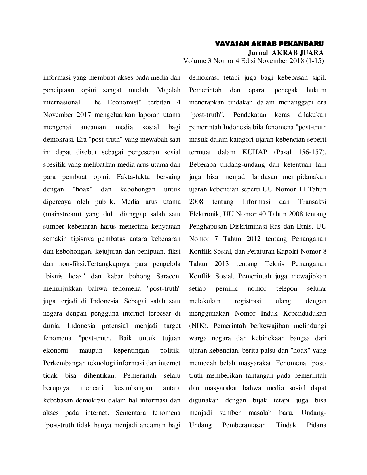 JURIS Persepsi Masyarakat Terhadap Fenomena Hoax di Media Online Pada Era Post Truth