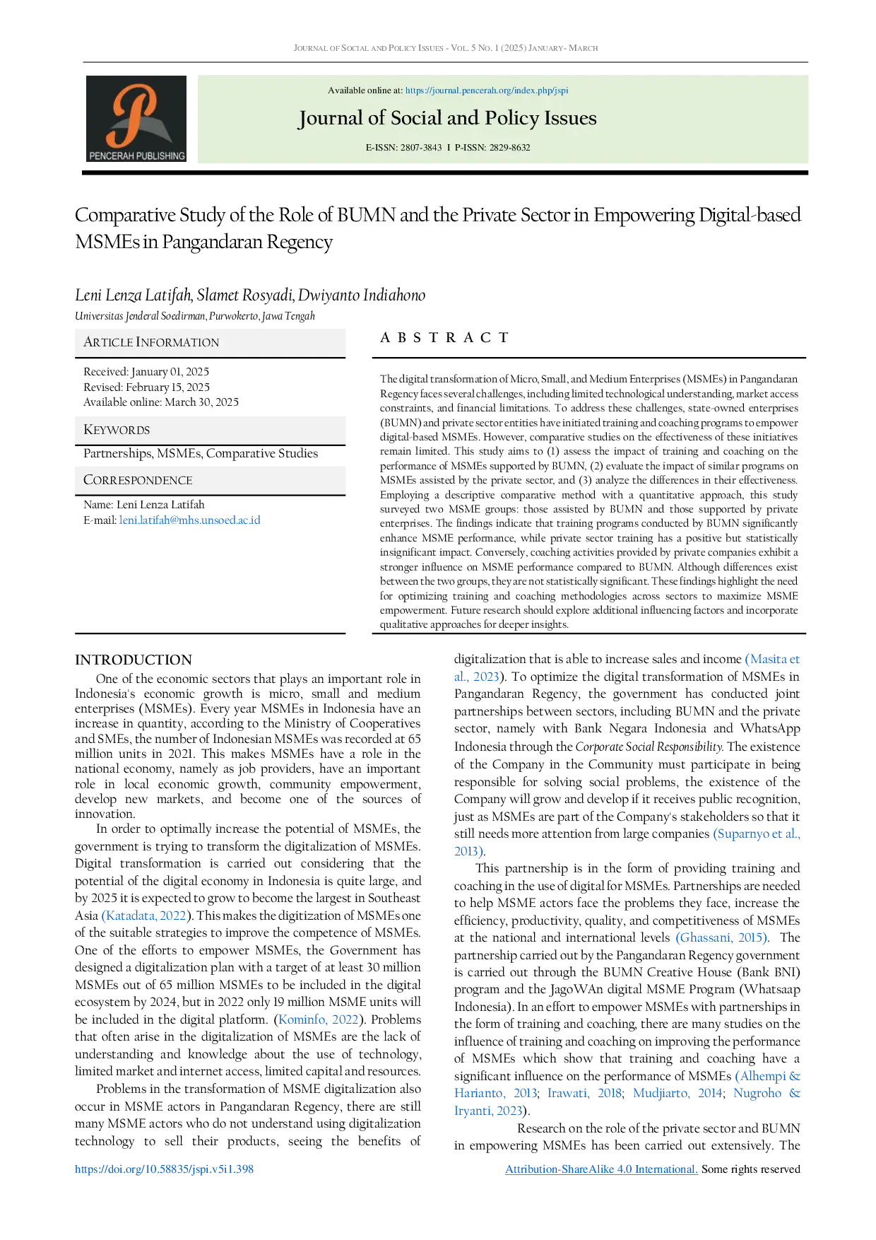 JURIS Comparative Study of the Role of BUMN and the Private Sector in Empowering Digital based MSMEs in Pangandaran Regency
