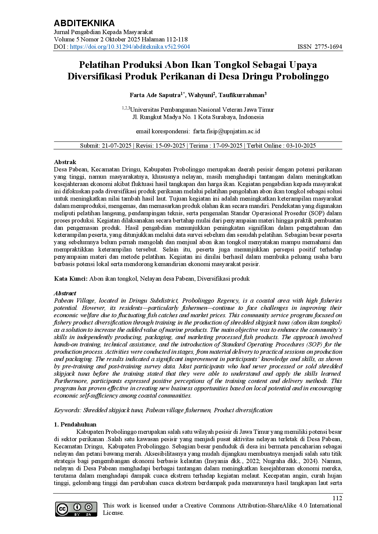 juris Pelatihan Produksi Abon Ikan Tongkol Sebagai Upaya Diversifikasi Produk Perikanan Di Desa Dringu Probolinggo