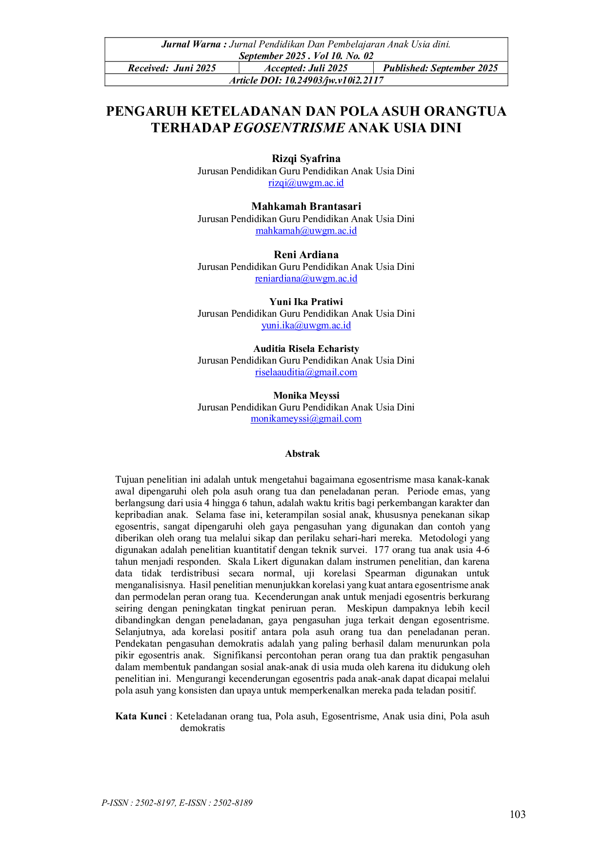 JURIS Pengaruh Keteladanan Dan Pola Asuh Orangtua Terhadap Egosentrisme Anak Usia Dini