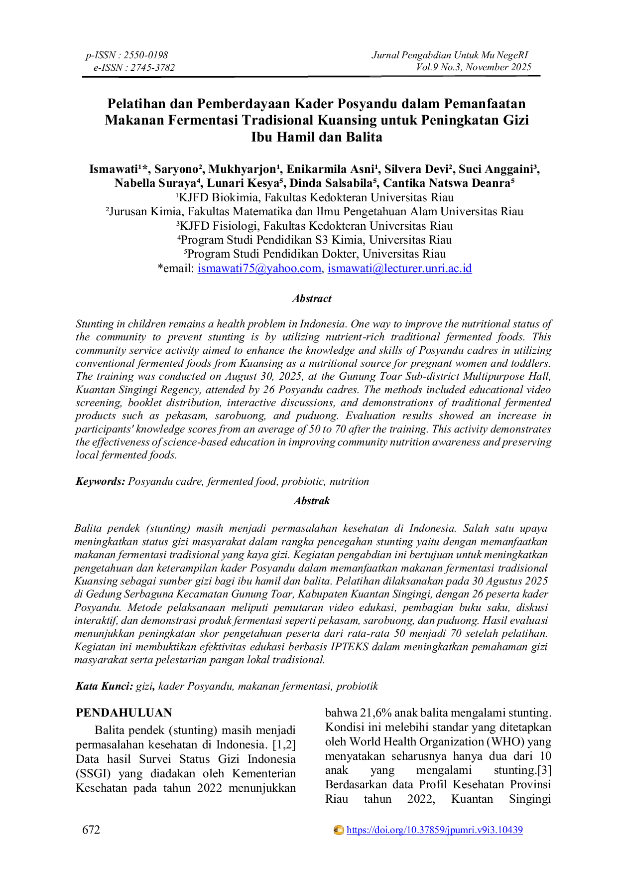 JURIS Pelatihan dan Pemberdayaan Kader Posyandu dalam Pemanfaatan Makanan Fermentasi Tradisional Kuansing untuk Peningkatan Gizi Ibu Hamil dan Balita