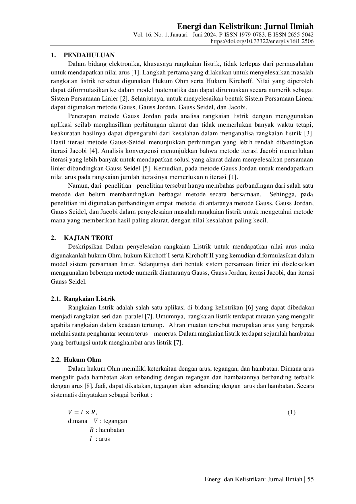 JURIS Perbandingan Metode Gauss Gauss Jordan Iterasi Jacobi dan Gauss Seidel untuk Mendapatkan Arus pada Rangkaian Listrik