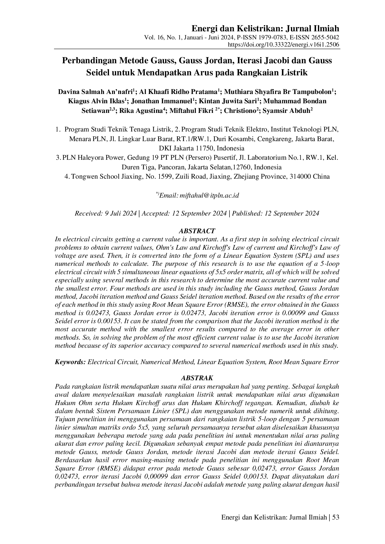 JURIS Perbandingan Metode Gauss Gauss Jordan Iterasi Jacobi dan Gauss Seidel untuk Mendapatkan Arus pada Rangkaian Listrik