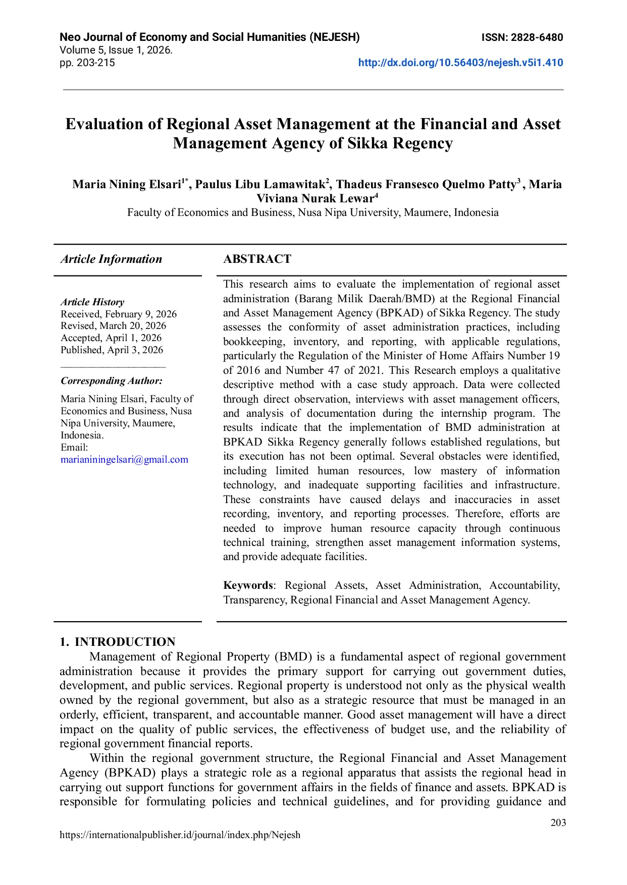JURIS Evaluation of Regional Asset Management at the Financial and Asset Management Agency of Sikka Regency
