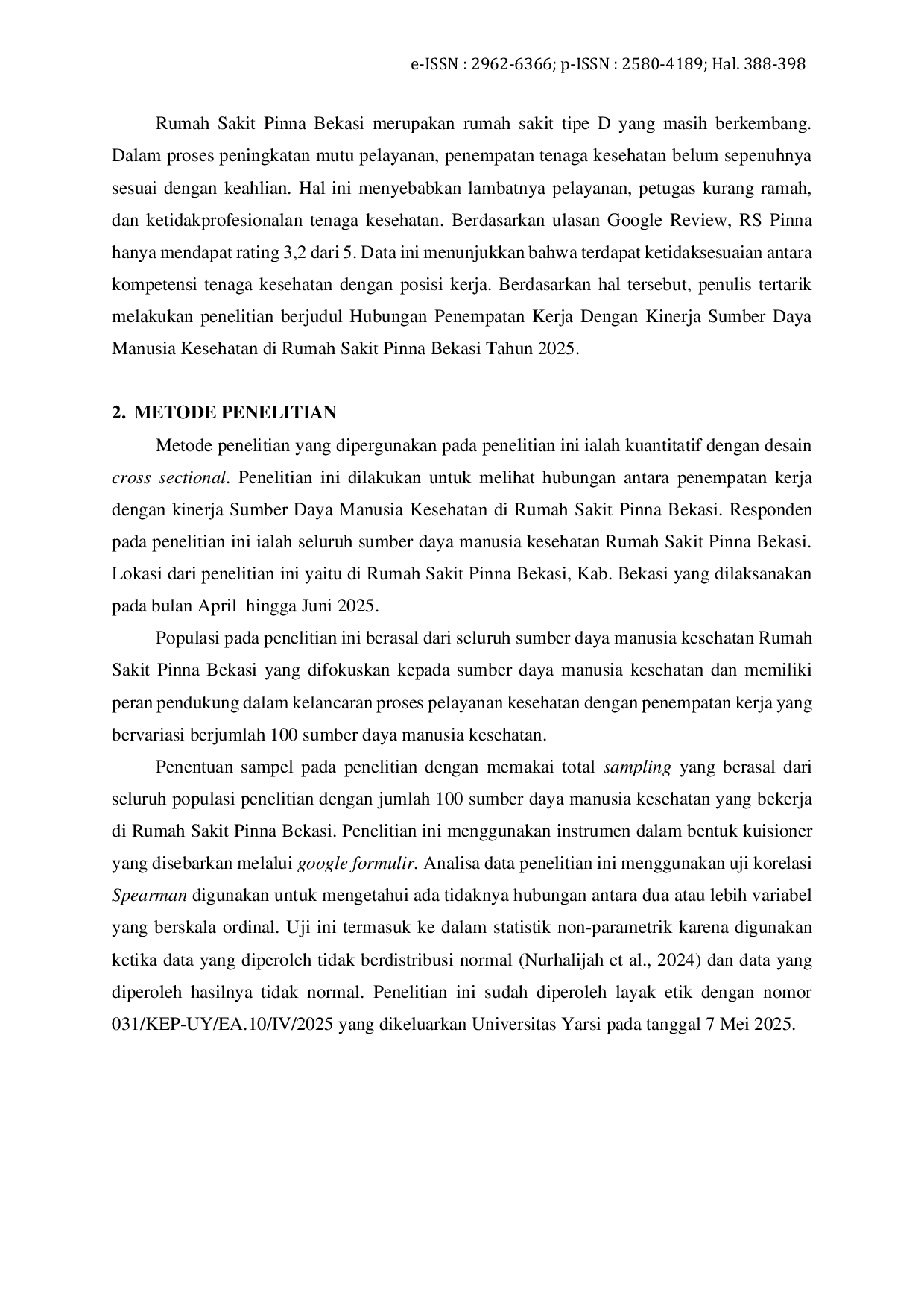 JURIS Hubungan Penempatan Kerja dengan Kinerja Sumber Daya Manusia Kesehatan di Rumah Sakit Pinna Bekasi Tahun 2025