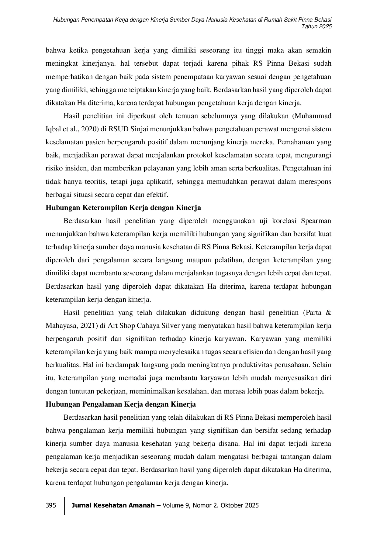 JURIS Hubungan Penempatan Kerja dengan Kinerja Sumber Daya Manusia Kesehatan di Rumah Sakit Pinna Bekasi Tahun 2025