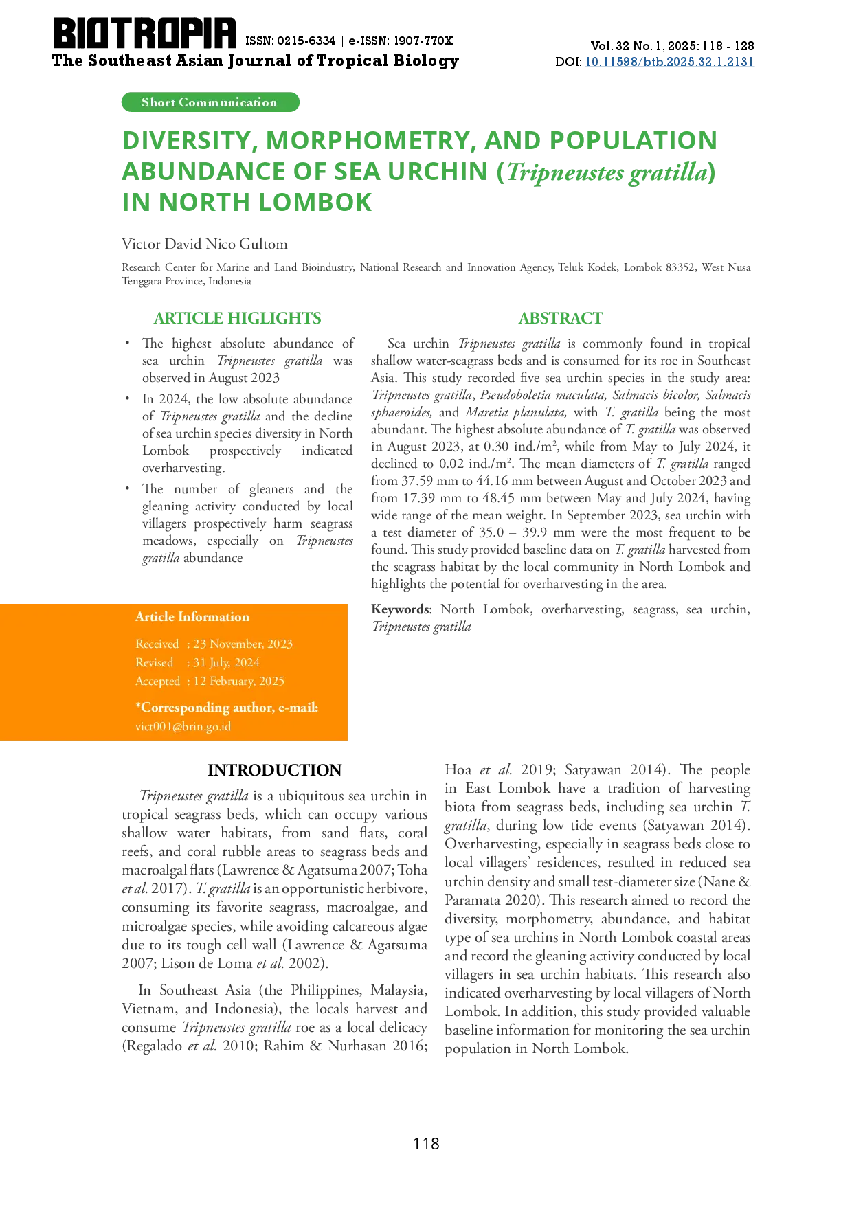 juris DIVERSITY MORPHOMETRY AND POPULATION ABUNDANCE OF SEA URCHIN Tripneustes gratilla IN NORTH LOMBOK