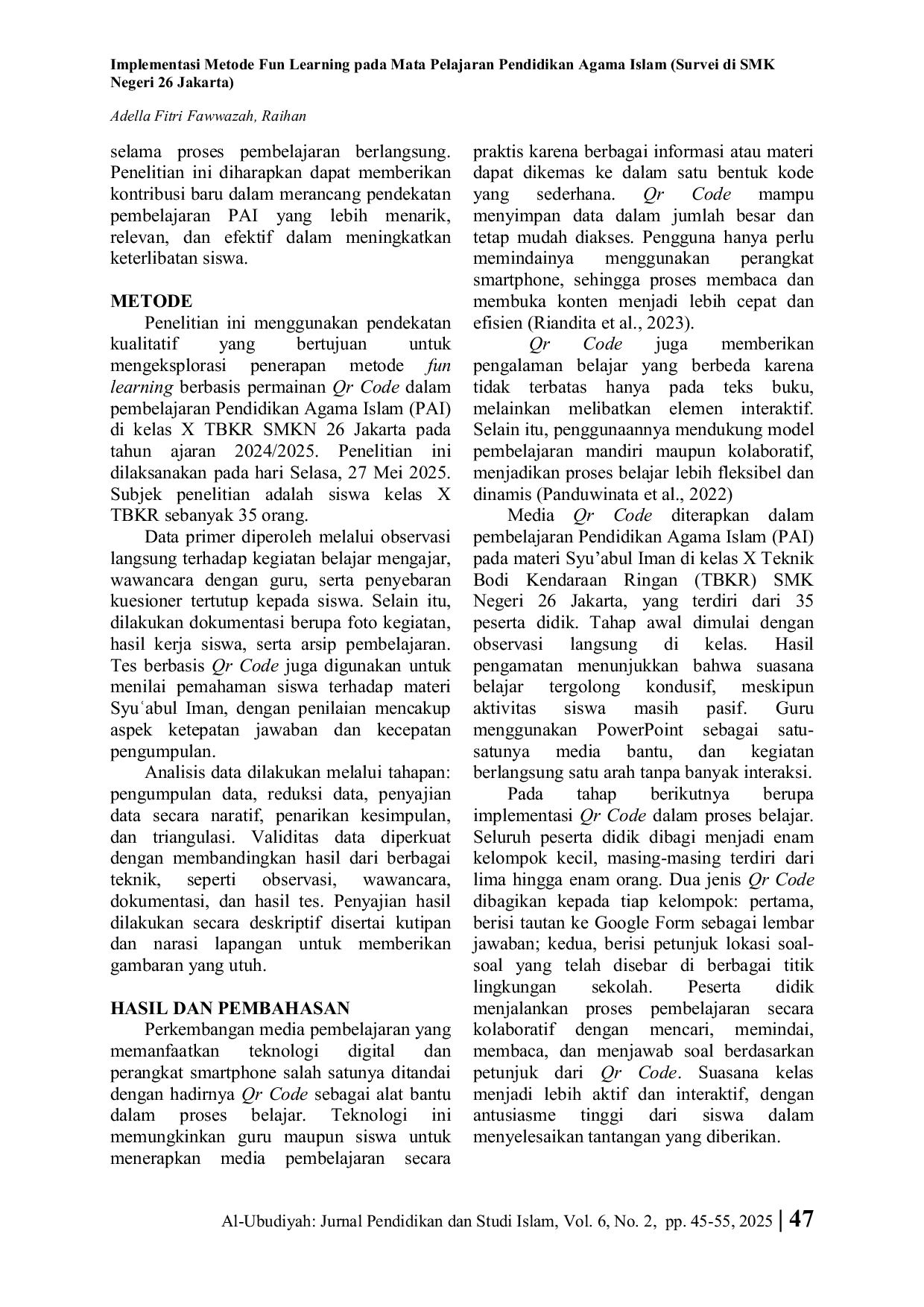 JURIS Implementasi Metode Fun Learning Pada Mata Pelajaran Pendidikan Agama Islam Survei Di SMK Negeri 26 Jakarta