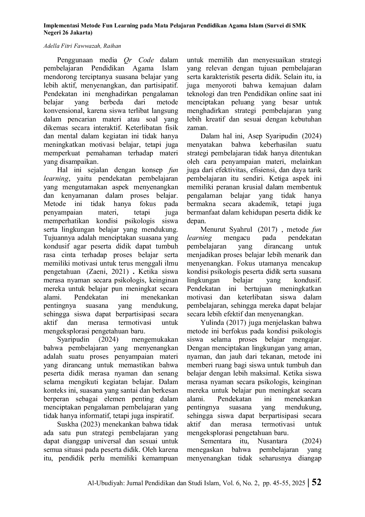 JURIS Implementasi Metode Fun Learning Pada Mata Pelajaran Pendidikan Agama Islam Survei Di SMK Negeri 26 Jakarta