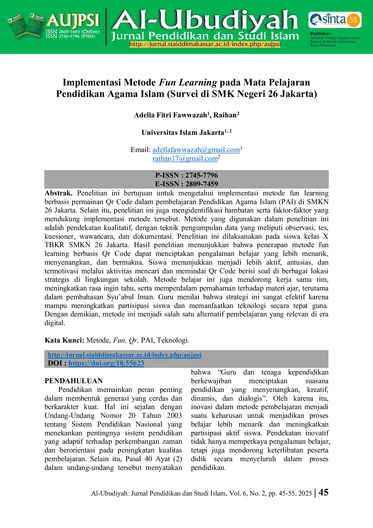 JURIS Implementasi Metode Fun Learning Pada Mata Pelajaran Pendidikan Agama Islam Survei Di SMK Negeri 26 Jakarta