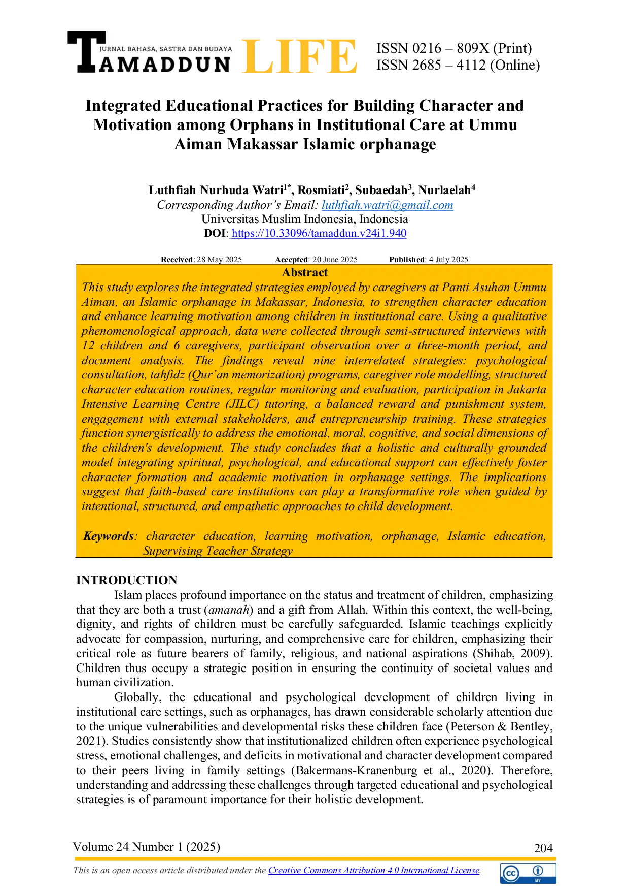 JURIS Integrated Educational Practices for Building Character and Motivation among Orphans in Institutional Care at Ummu Aiman Makassar Islamic orphanage