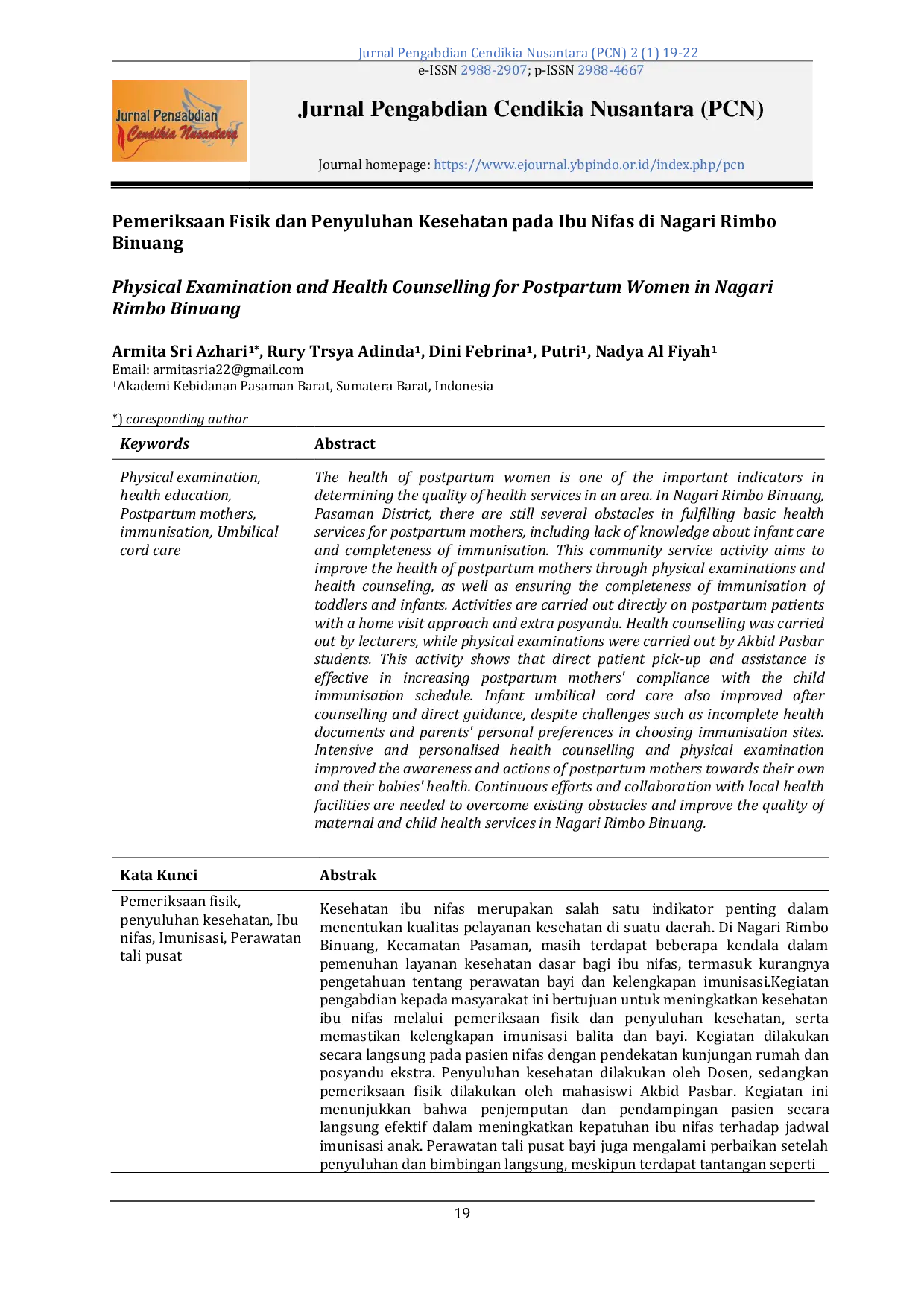 JURIS Pemeriksaan Fisik dan Penyuluhan Kesehatan pada Ibu Nifas di Nagari Rimbo Binuang