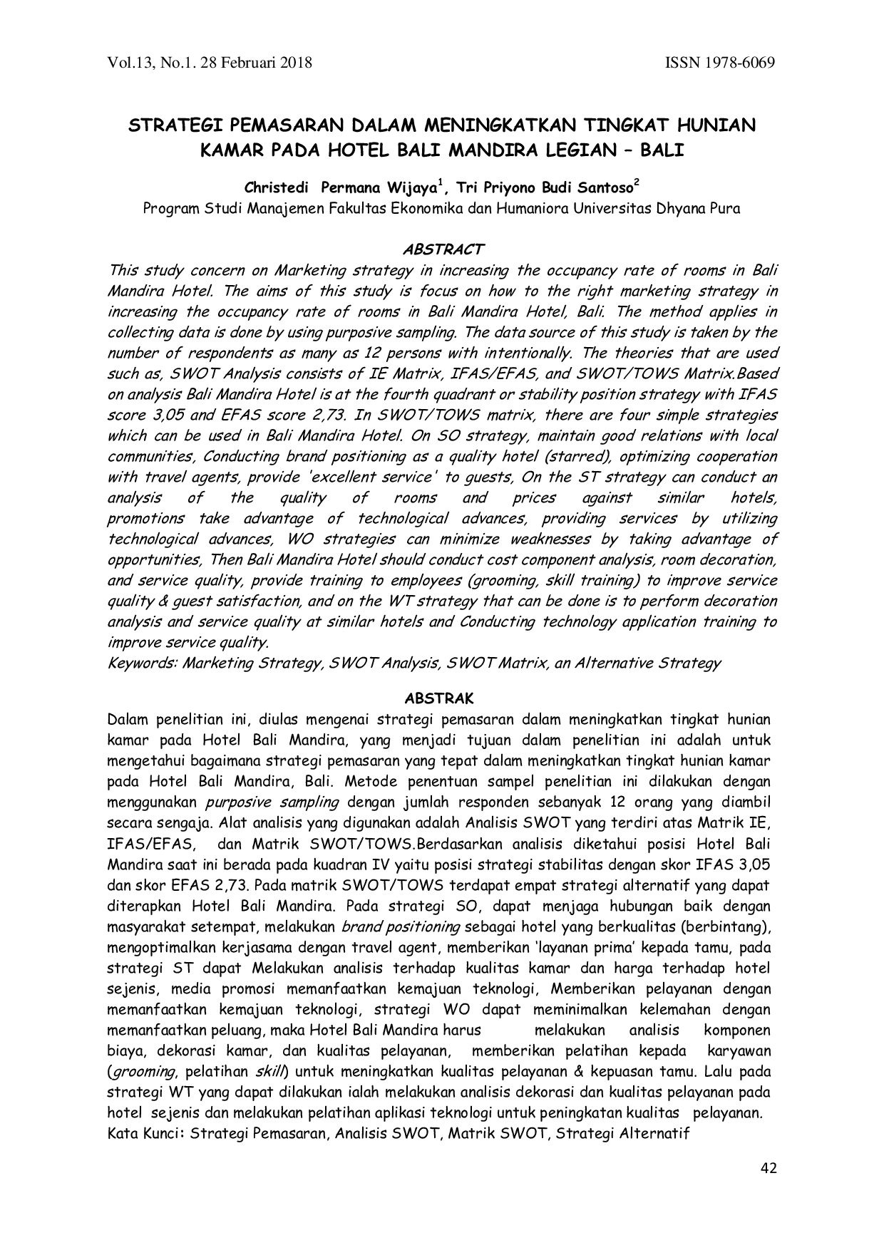 JURIS Strategi Pemasaran Dalam Meningkatkan Tingkat Hunian Kamar Pada Hotel Bali Mandira Legian Bali