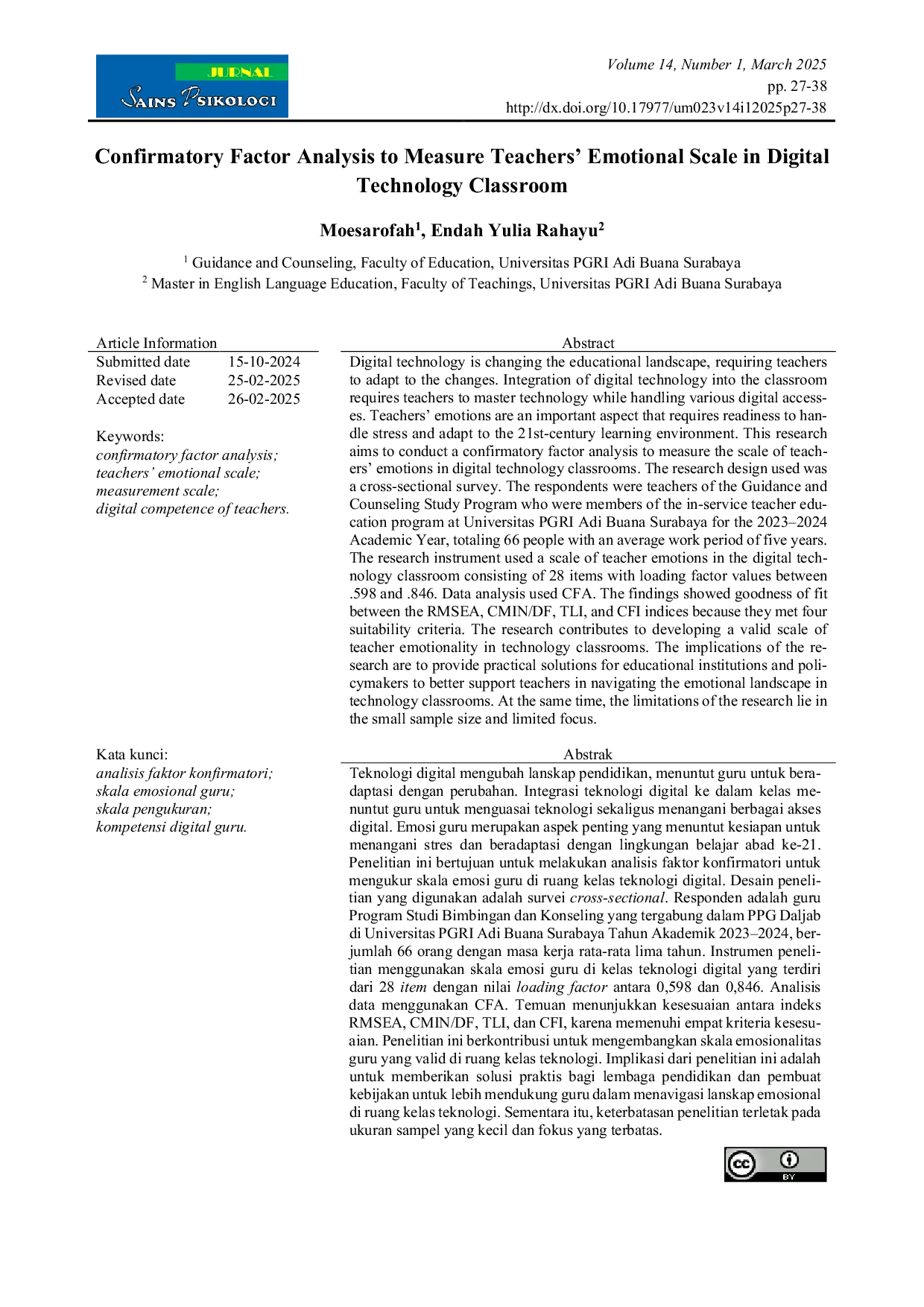 JURIS Confirmatory Factor Analysis to Measure Teachers Emotional Scale in Digital Technology Classroom