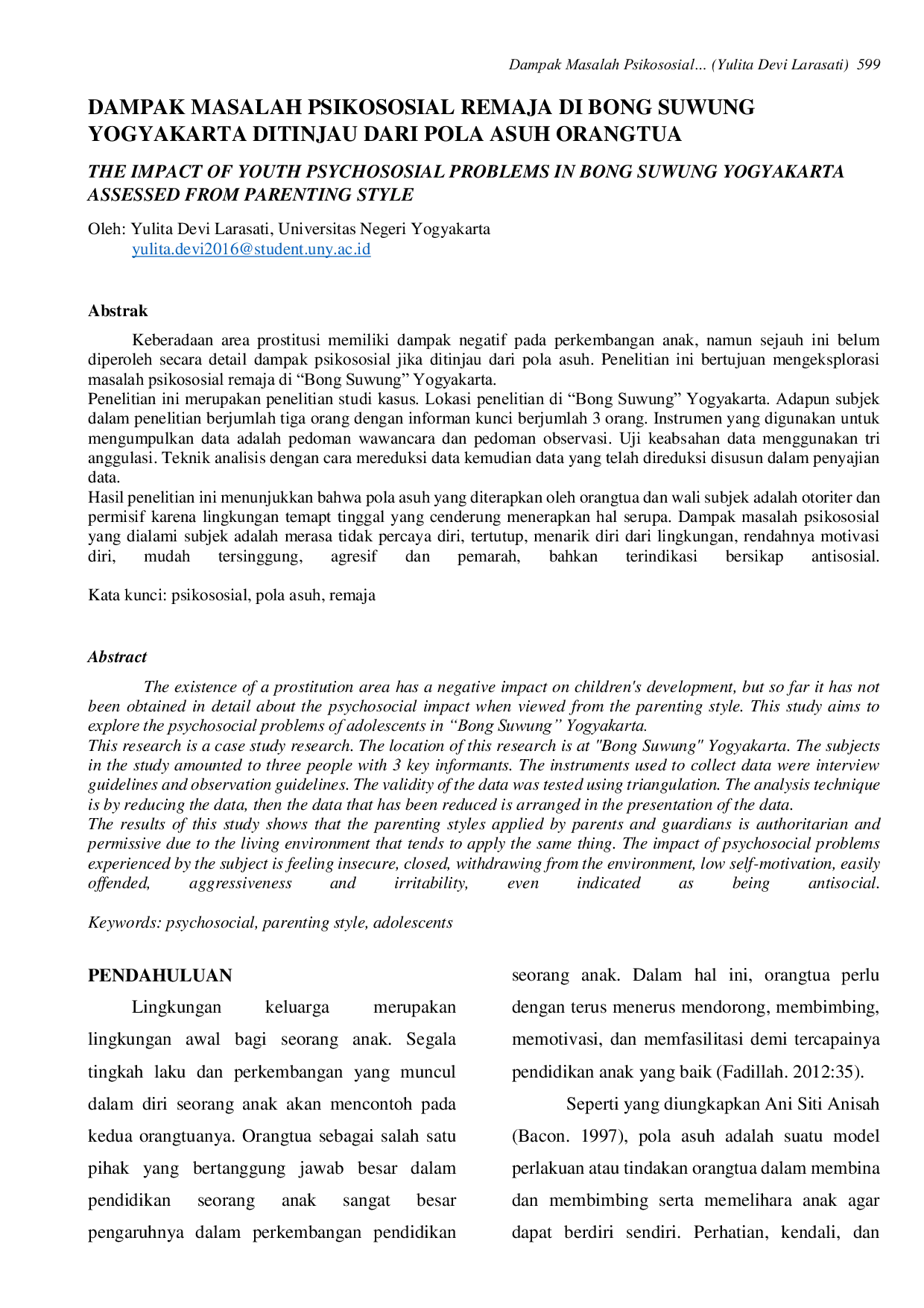 JURIS Dampak Masalah Psikososial Remaja Di Bong Suwung Yogyakarta Ditinjau Dari Pola Asuh Orangtua