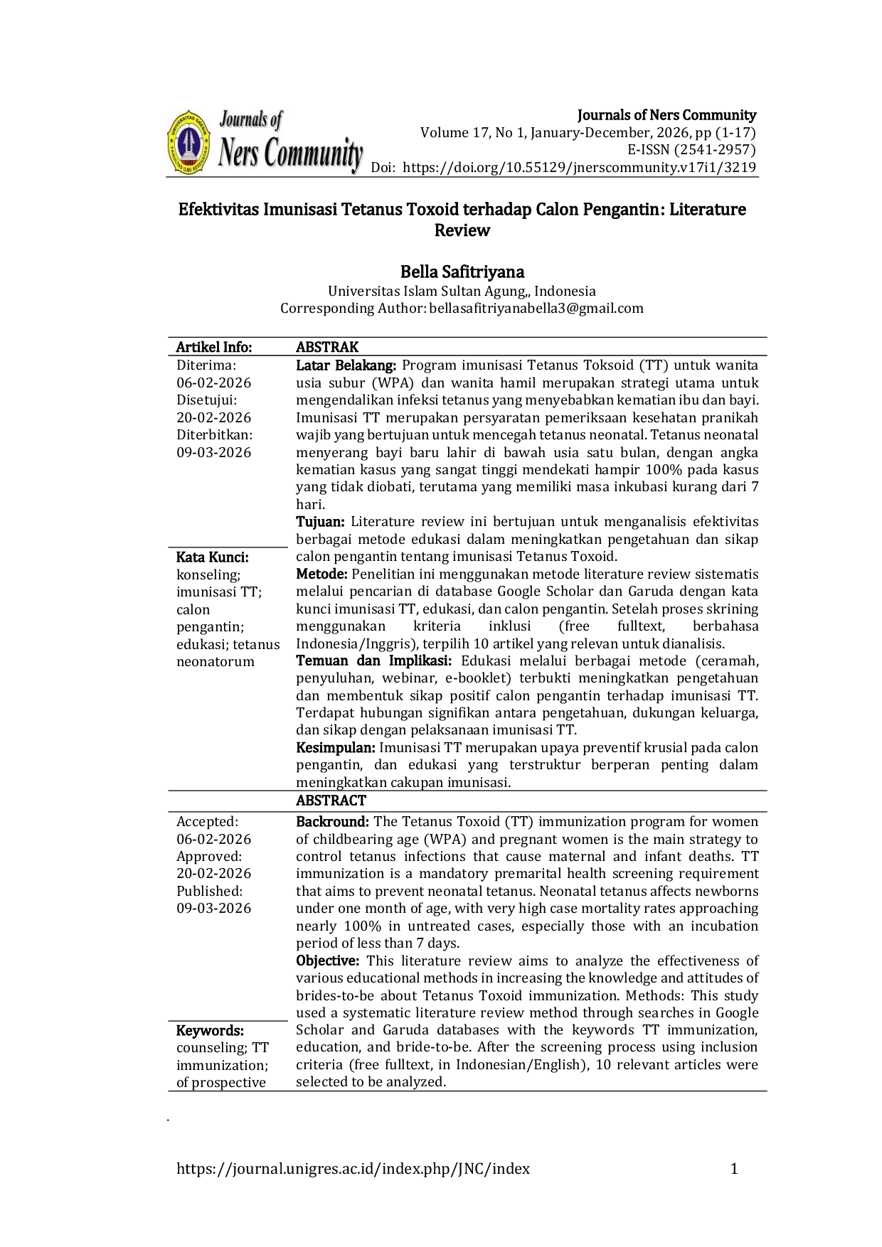 JURIS Efektivitas Imunisasi Tetanus Toxoid terhadap Calon Pengantin Literature Review