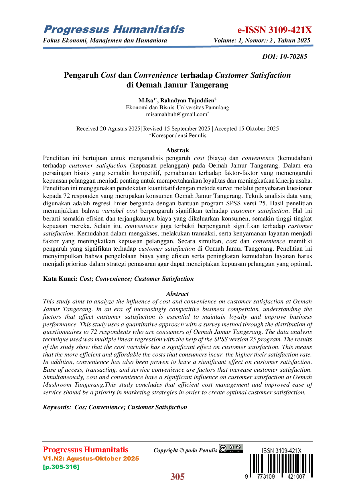 JURIS Pengaruh Cost dan Convenience terhadap Customer Satisfaction di Oemah Jamur Tangerang