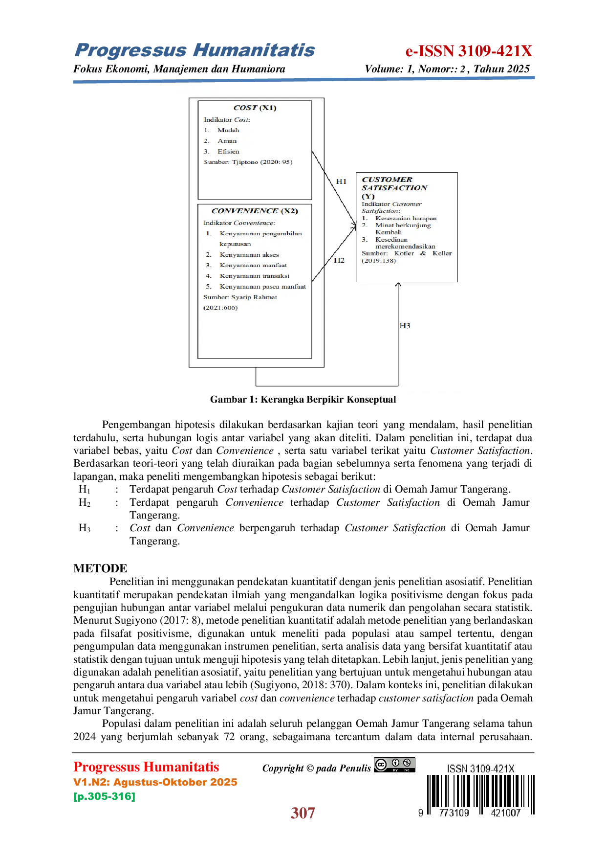 JURIS Pengaruh Cost dan Convenience terhadap Customer Satisfaction di Oemah Jamur Tangerang