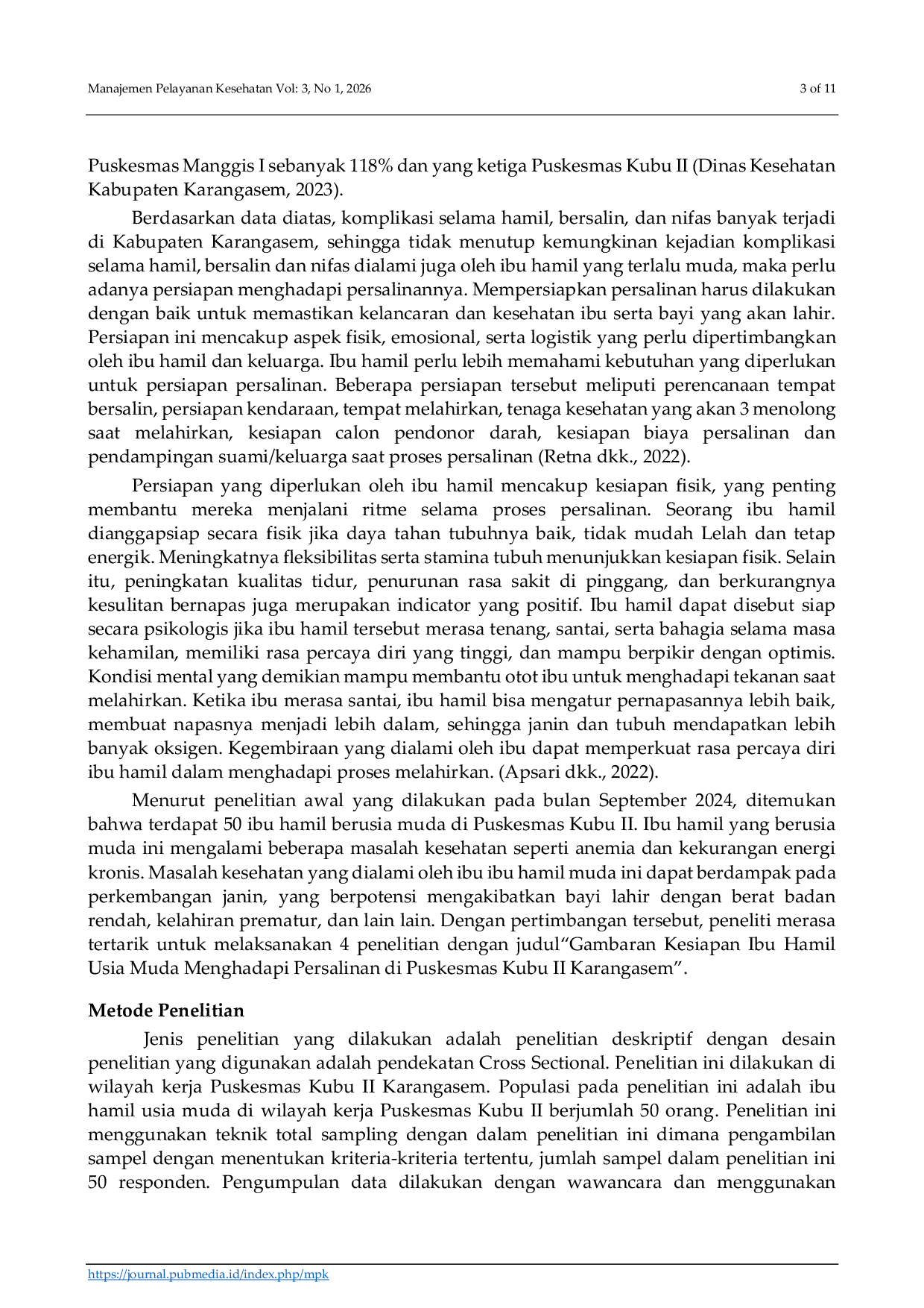 JURIS Gambaran Kesiapan Ibu Hamil Usia Muda Menghadapi Persalinan di Puskesmas Kubu II Karangasem