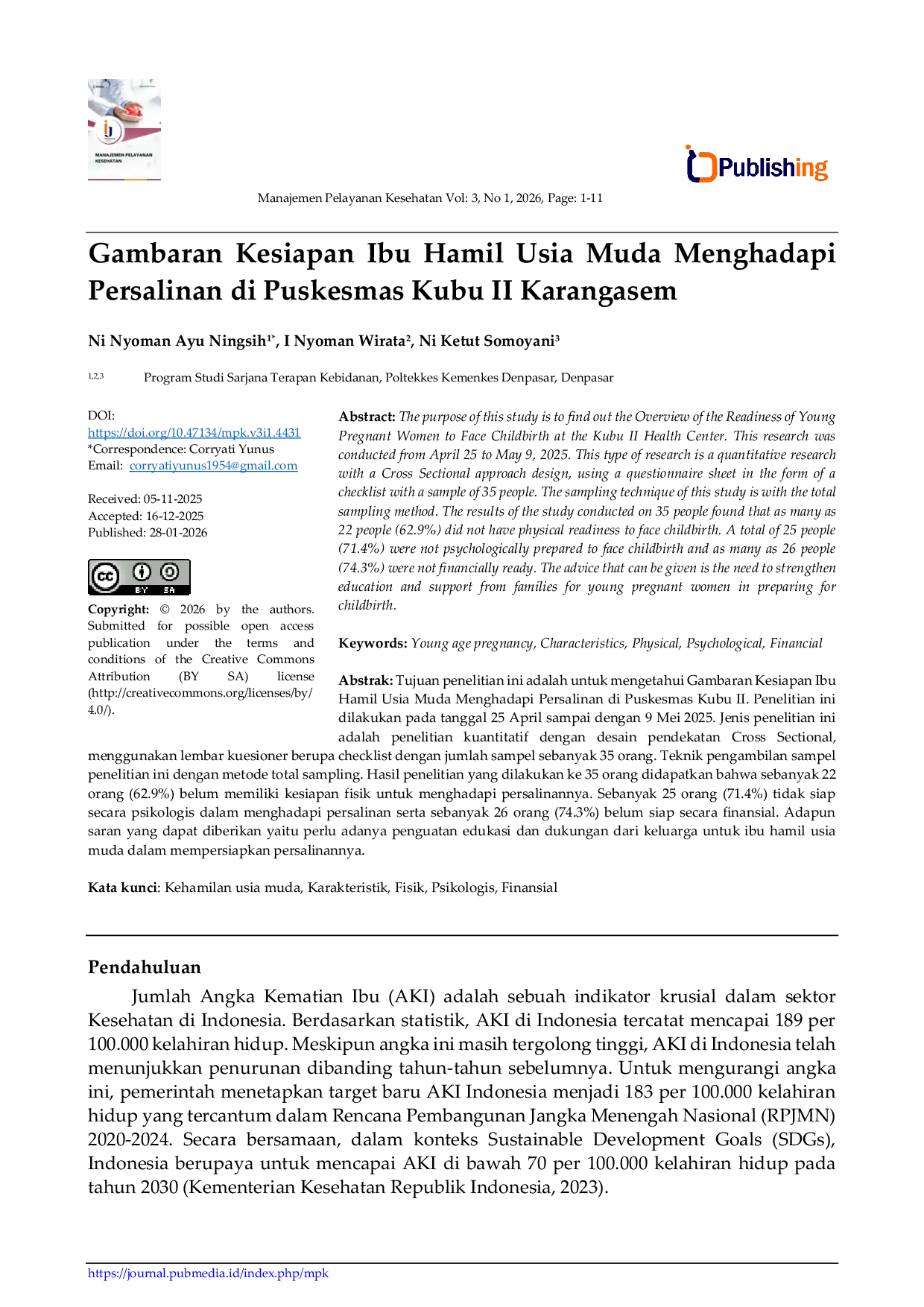 JURIS Gambaran Kesiapan Ibu Hamil Usia Muda Menghadapi Persalinan di Puskesmas Kubu II Karangasem