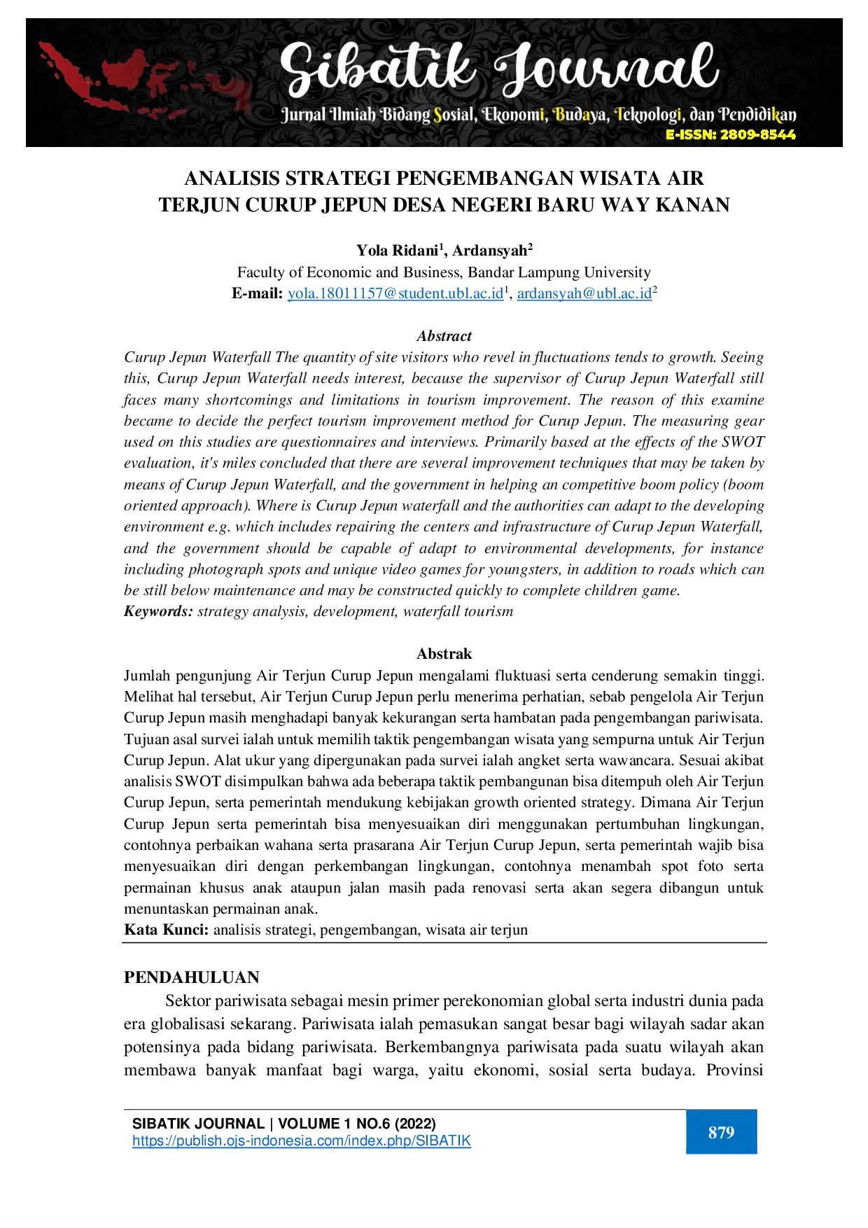 juris Analisis Strategi Pengembangan Wisata Air Terjun Curup Jepun Desa Negeri Baru Way Kanan