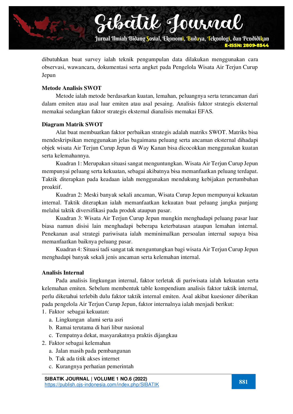 juris Analisis Strategi Pengembangan Wisata Air Terjun Curup Jepun Desa Negeri Baru Way Kanan