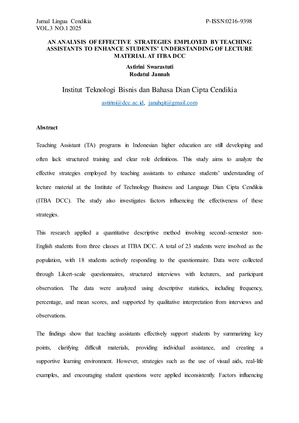 JURIS An Analysis of Effective Strategies Employed by Teaching Assistants to Enhance Students Understanding of Lecture Material at ITBA DCC