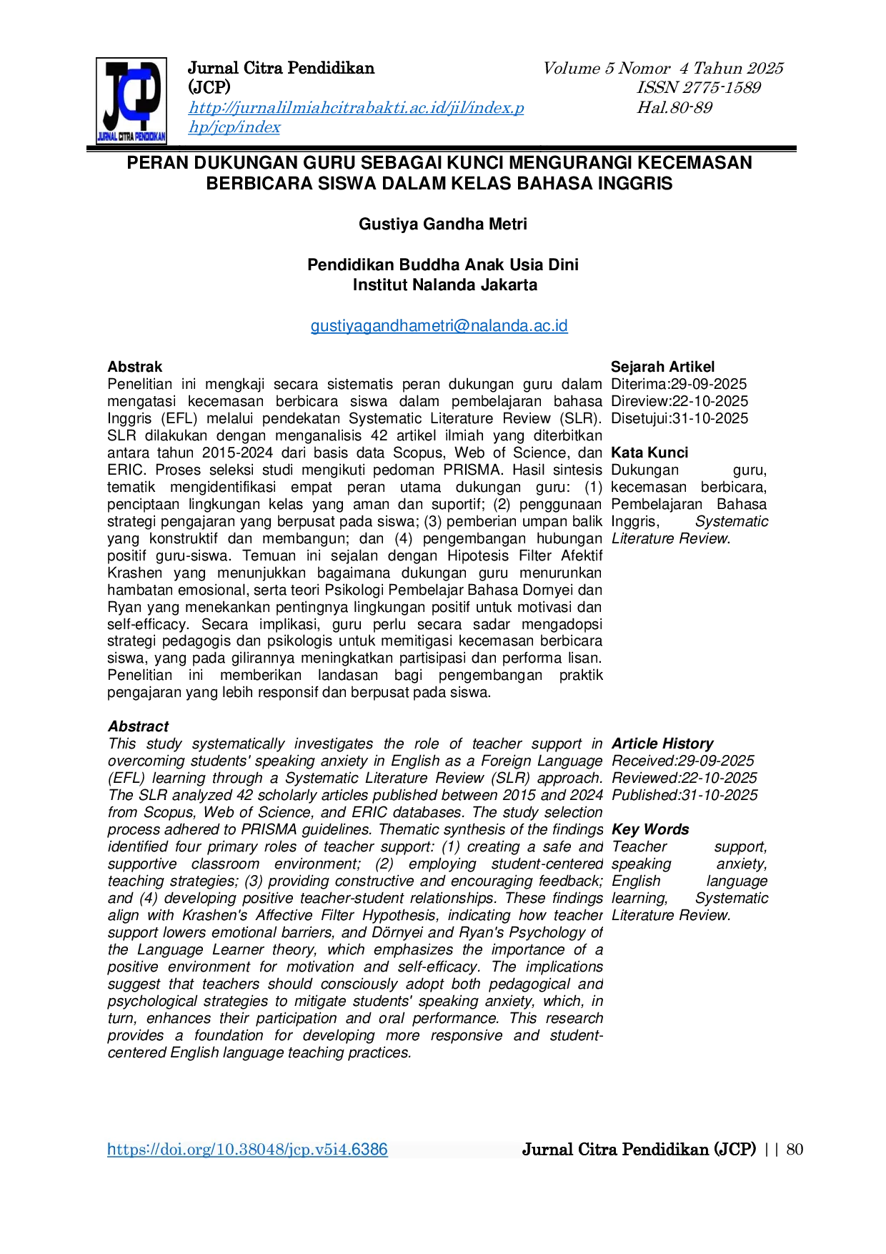 JURIS Peran Dukungan Guru Sebagai Kunci Mengurangi Kecemasan Berbicara Siswa dalam Kelas Bahasa Inggris