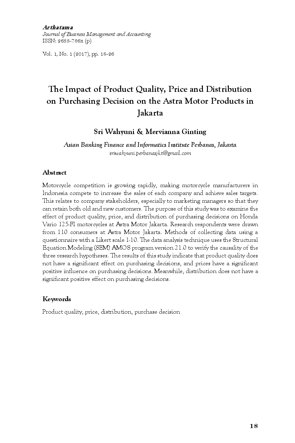 juris The Impact of Product Quality Price and Distribution on Purchasing Decision on the Astra Motor Products in Jakarta