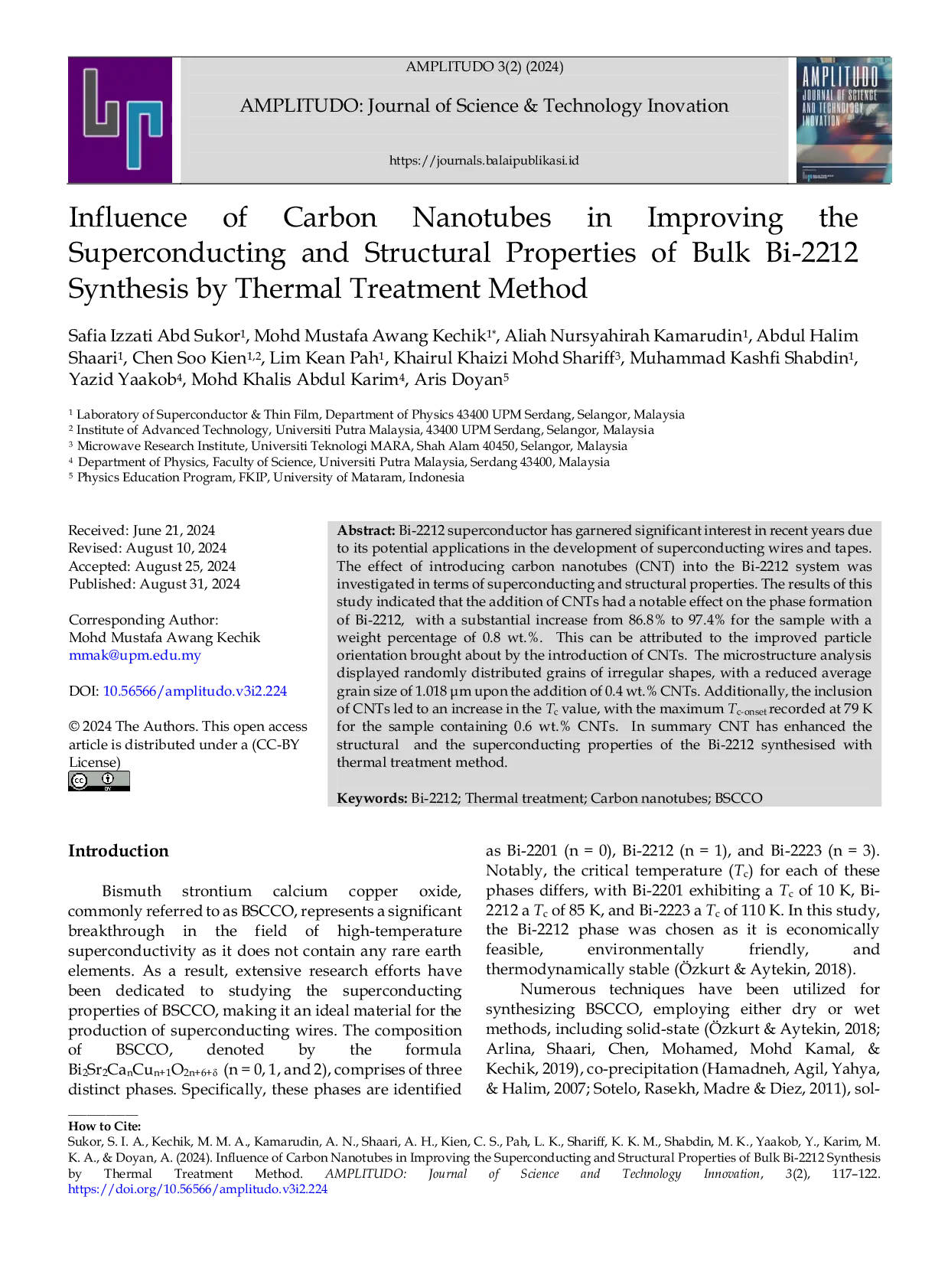 JURIS Influence of Carbon Nanotubes in Improving the Superconducting and Structural Properties of Bulk Bi 2212 Synthesis by Thermal Treatment Method