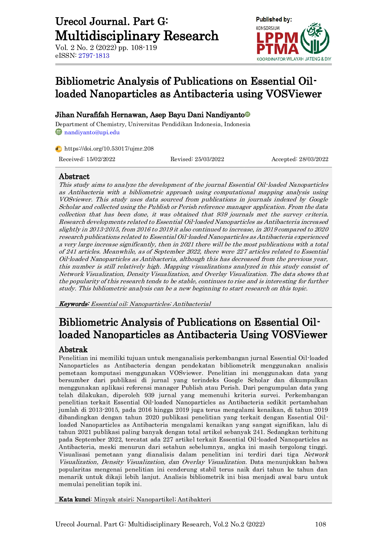 JURIS Bibliometric Analysis of Publications on Essential Oil loaded Nanoparticles as Antibacteria using VOSViewer