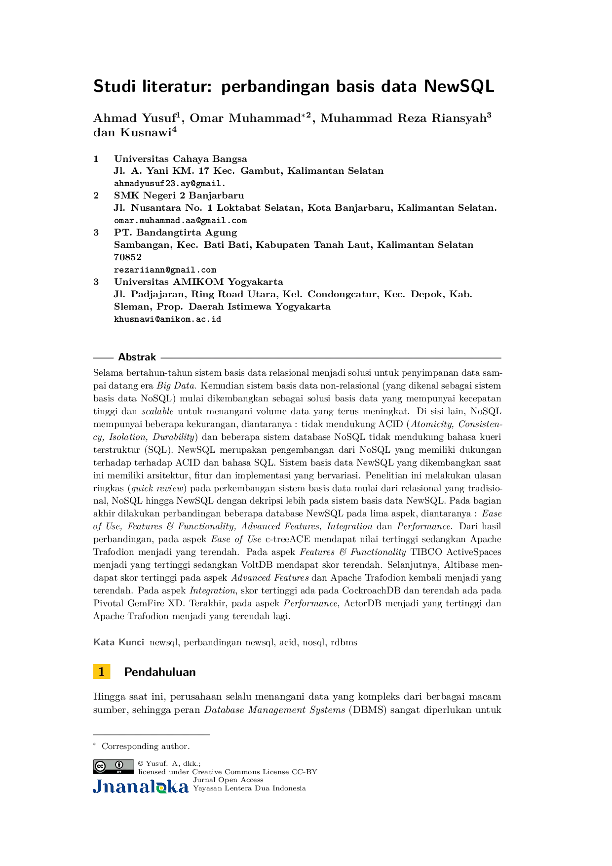 JURIS Studi Literatur Perbandingan Basis Data NewSQL