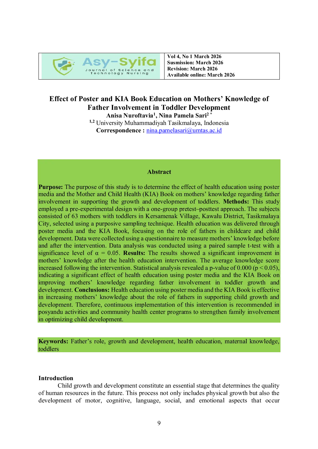 JURIS Effect of Poster and KIA Book Education on Mothers Knowledge of Father Involvement in Toddler Development