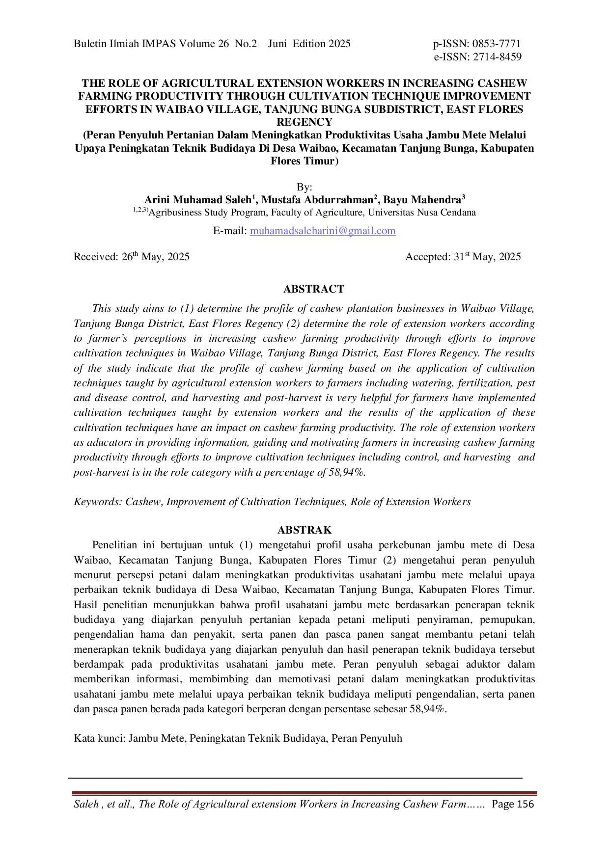 JURIS The Role of Agricultural Extension Workers in Increasing Cashew Farming Productivity Through Cultivation Technique Improvement Efforts in Waibao Village Tanjung Bunga Subdistrict East Flores Regency