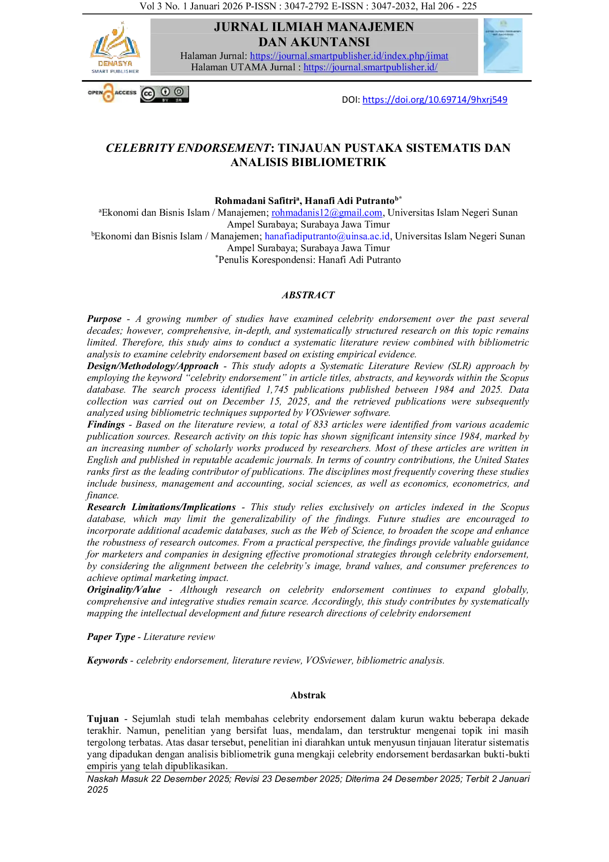 JURIS Celebrity Endorsement Tinjauan Pustaka Sistematis dan Analisis Bibliometrik