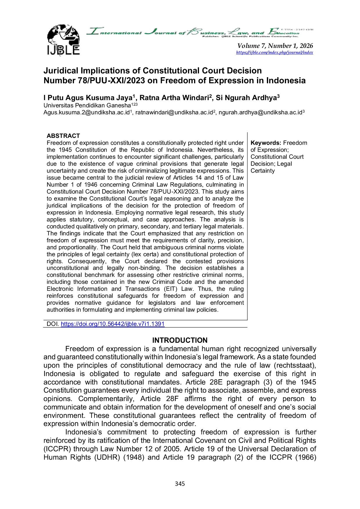 JURIS Juridical Implications of Constitutional Court Decision Number 78 PUU XXI 2023 on Freedom of Expression in Indonesia