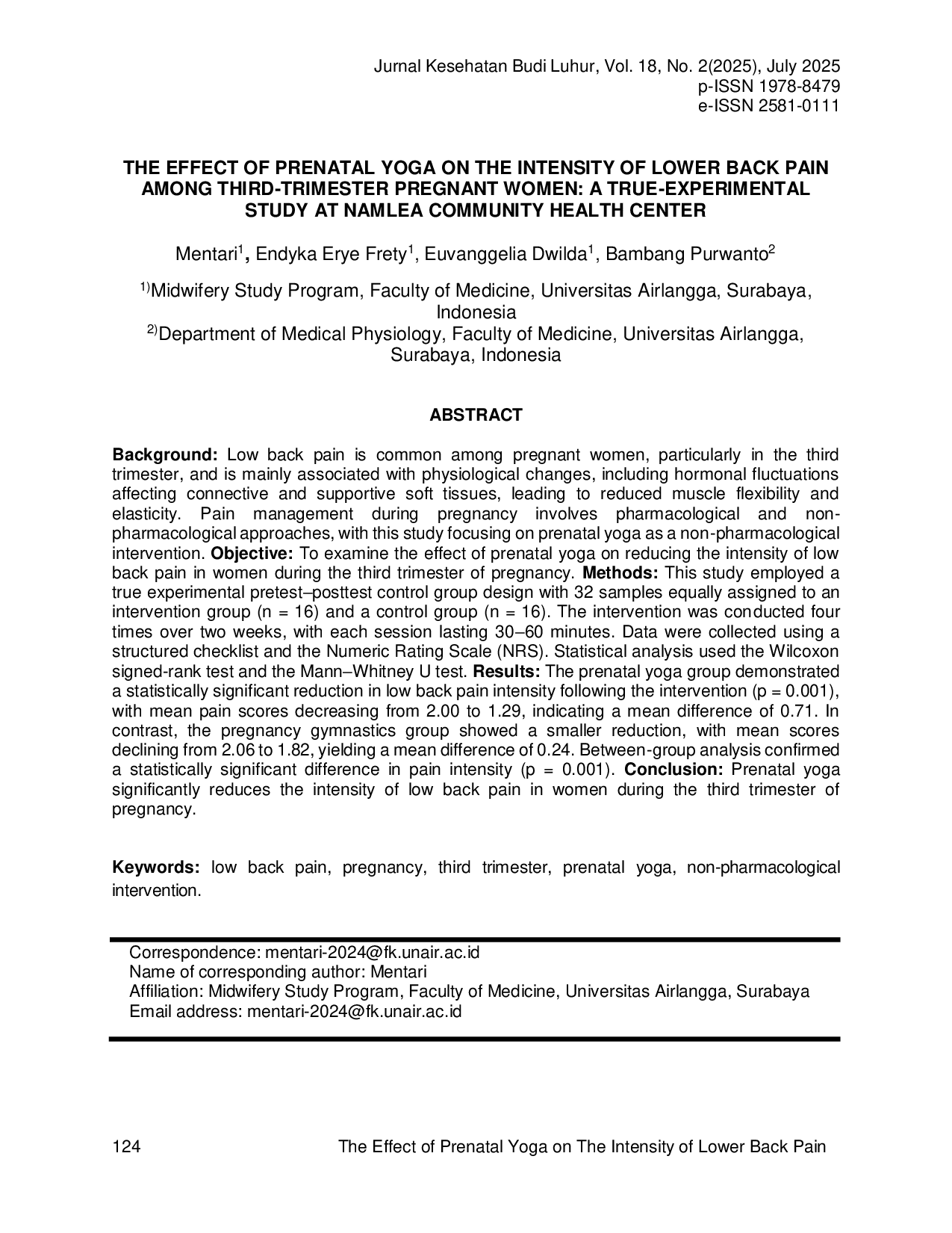 JURIS The Effect of Prenatal Yoga on The Intensity of Lower Back Pain Among Third Trimester Pregnant Women A True Experimental Study at Namlea Community Health Center