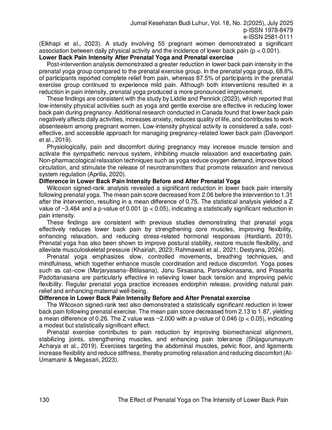 JURIS The Effect of Prenatal Yoga on The Intensity of Lower Back Pain Among Third Trimester Pregnant Women A True Experimental Study at Namlea Community Health Center