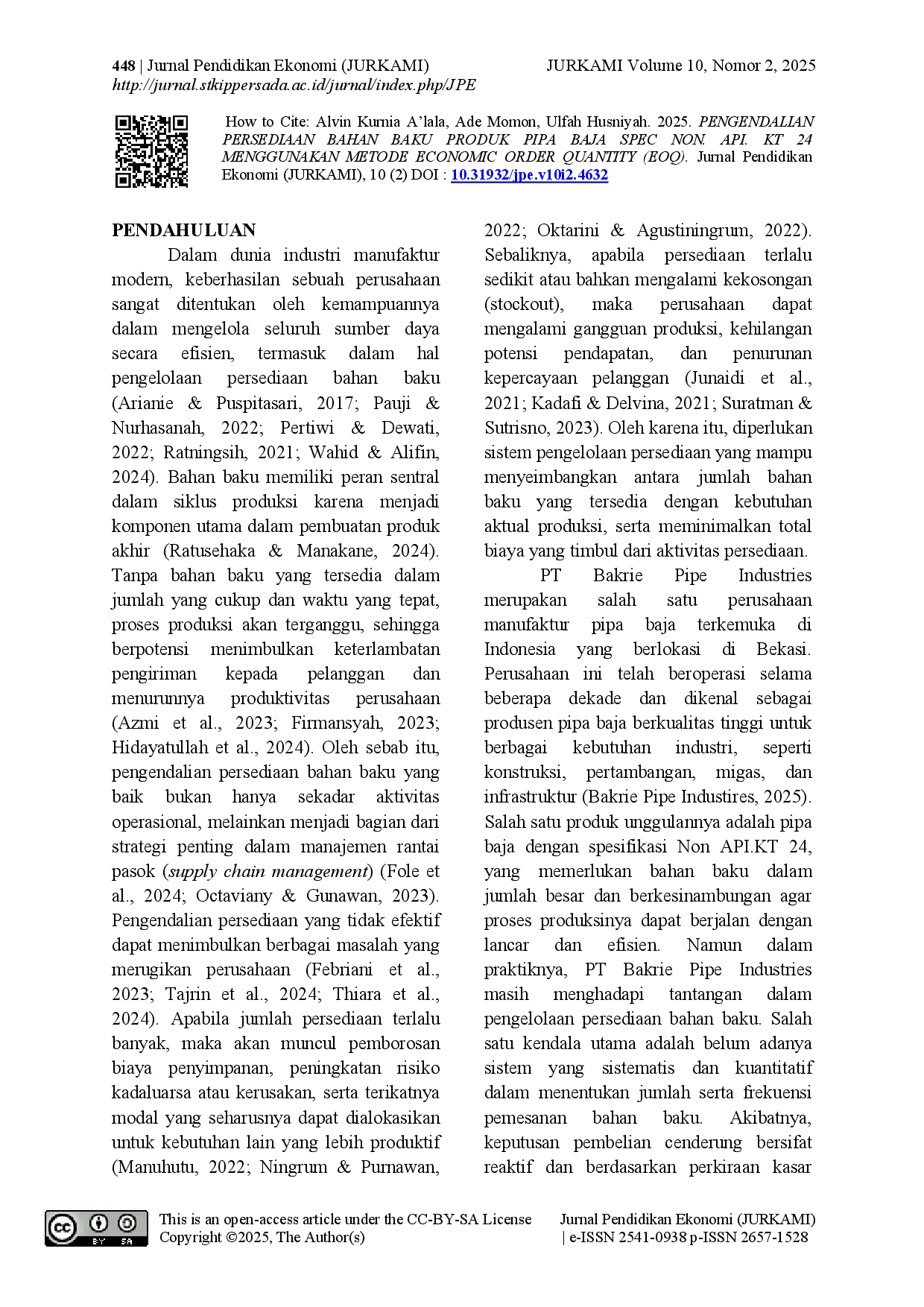 juris Pengendalian Persediaan Bahan Baku Produk Pipa Baja Spec Non Api Kt 24 Menggunakan Metode Economic Order Quantity Eoq