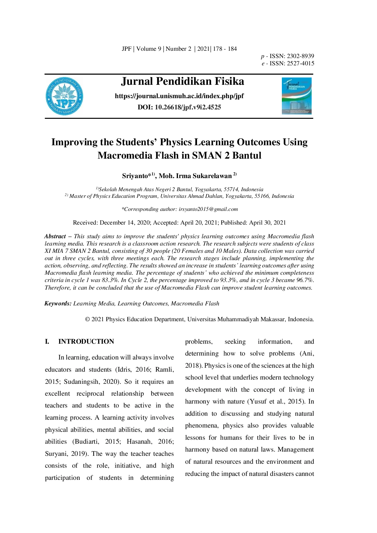 JURIS Improving the Students Physics Learning Outcomes Using Macromedia Flash in SMAN 2 Bantul