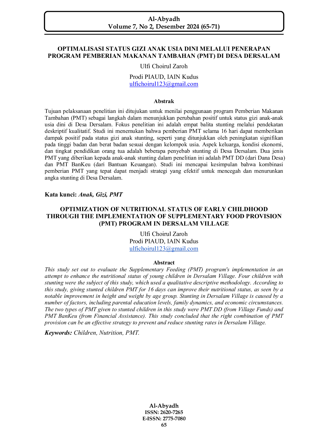 JURIS Optimalisasi Status Gizi Anak Usia Dini Melalui Penerapan Program Pemberian Makanan Tambahan PMT di Desa Dersalam