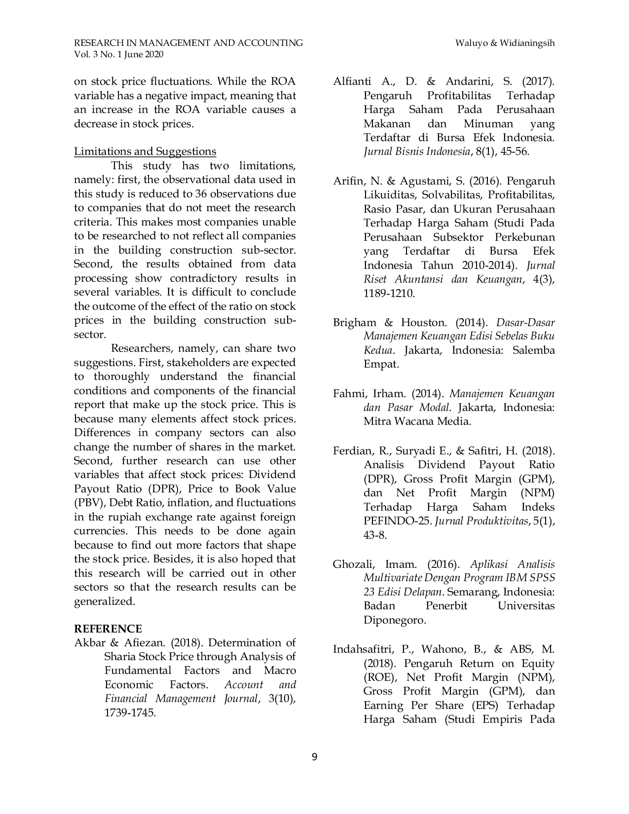 JURIS Rasio Profitabilitas Dan Harga Saham Bukti Empiris Pada Subsektor Bangunan Konstruksi